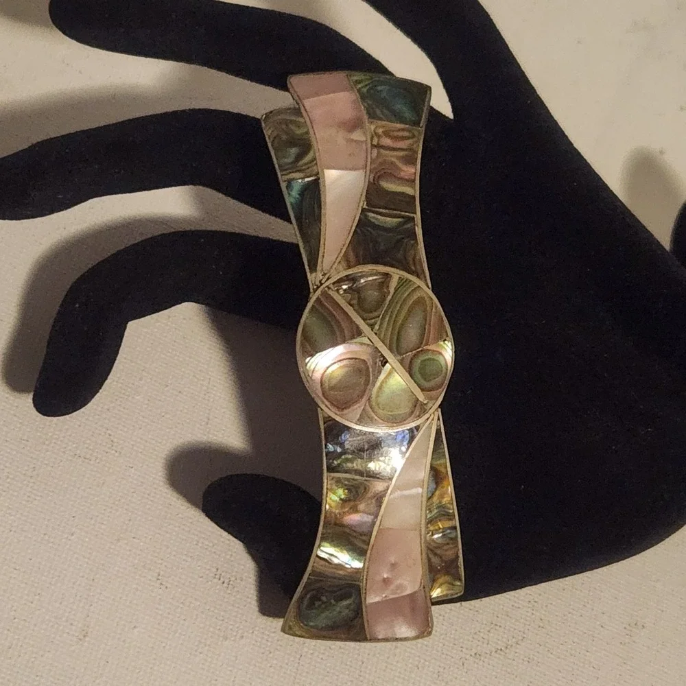 Vintage Alpaca Mexico Abalone Mother of Pearl Inlay Bow Hair Barrette Clip 3.5in